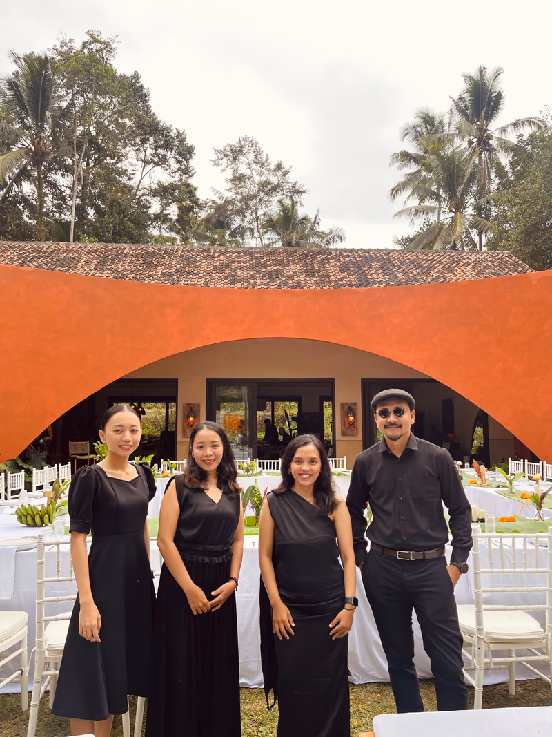 Allegra Chamber Bali string ensemble musicians at a garden wedding venue in Bali